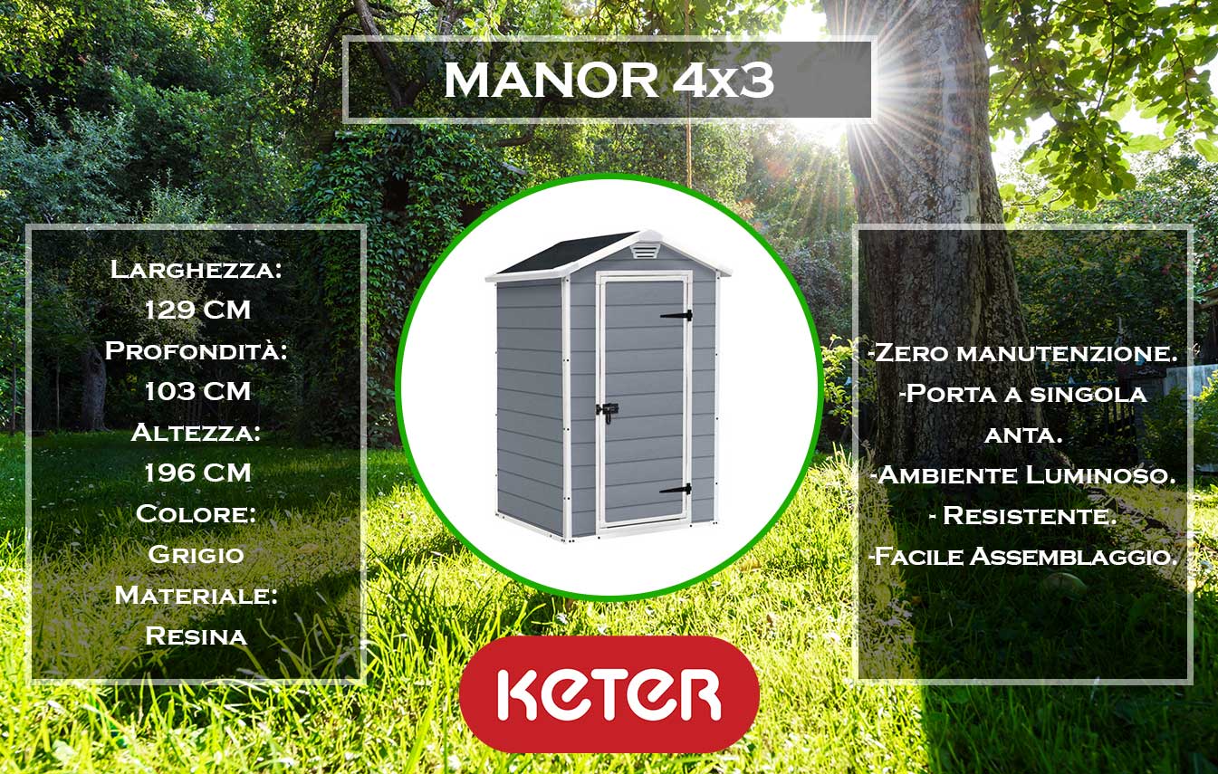 Caratteristiche e dimensioni casetta da giardino Keter manor 4x3 grigio