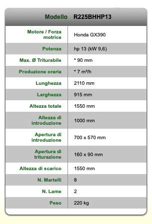 Biotrituratore Negri R225BHHP13 con motore Honda GX390 da 13HP
