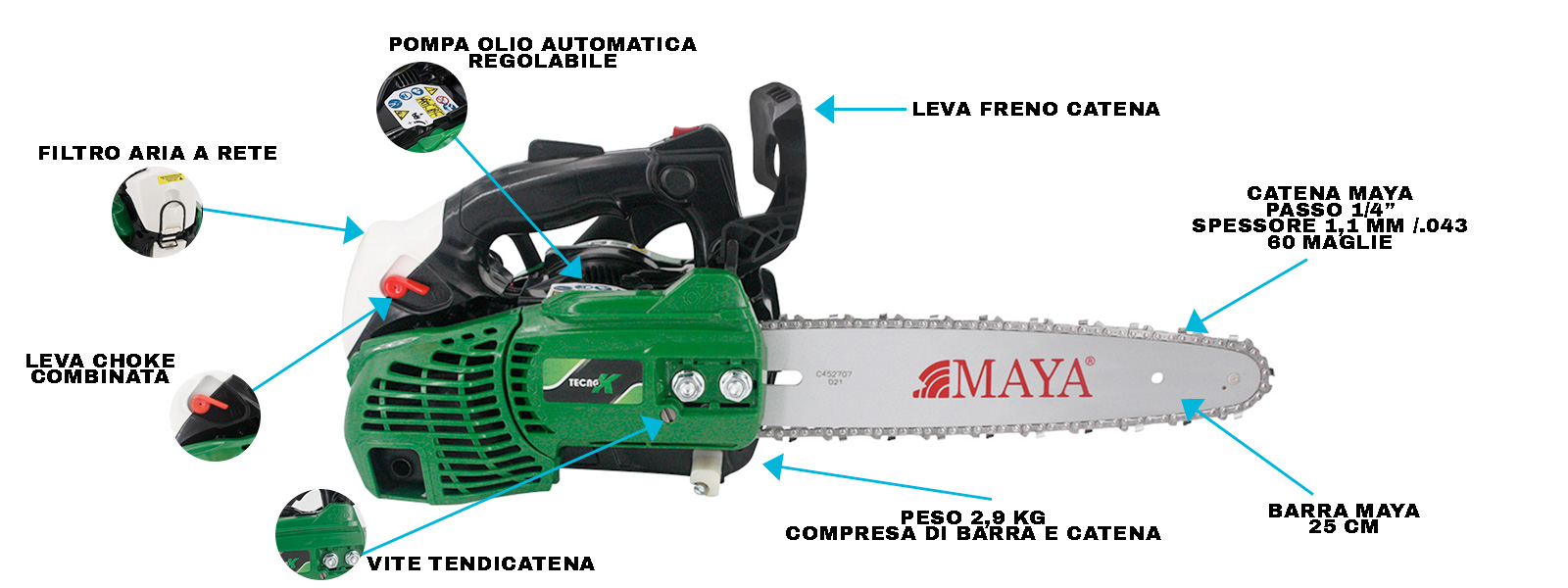 CARATTERISTICHE PRINCIPALI MOTOSEGA TECNOK TECNOGARDEN TCS2510V