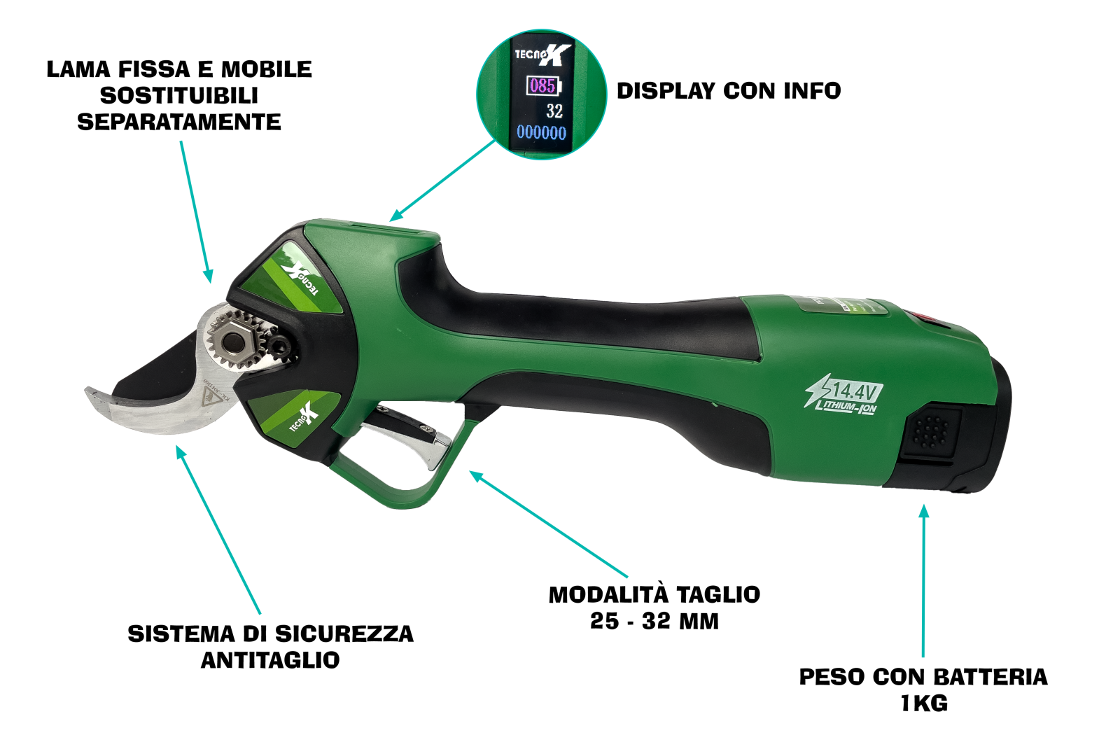 dettaglio forbici a batteria tecnok A2758