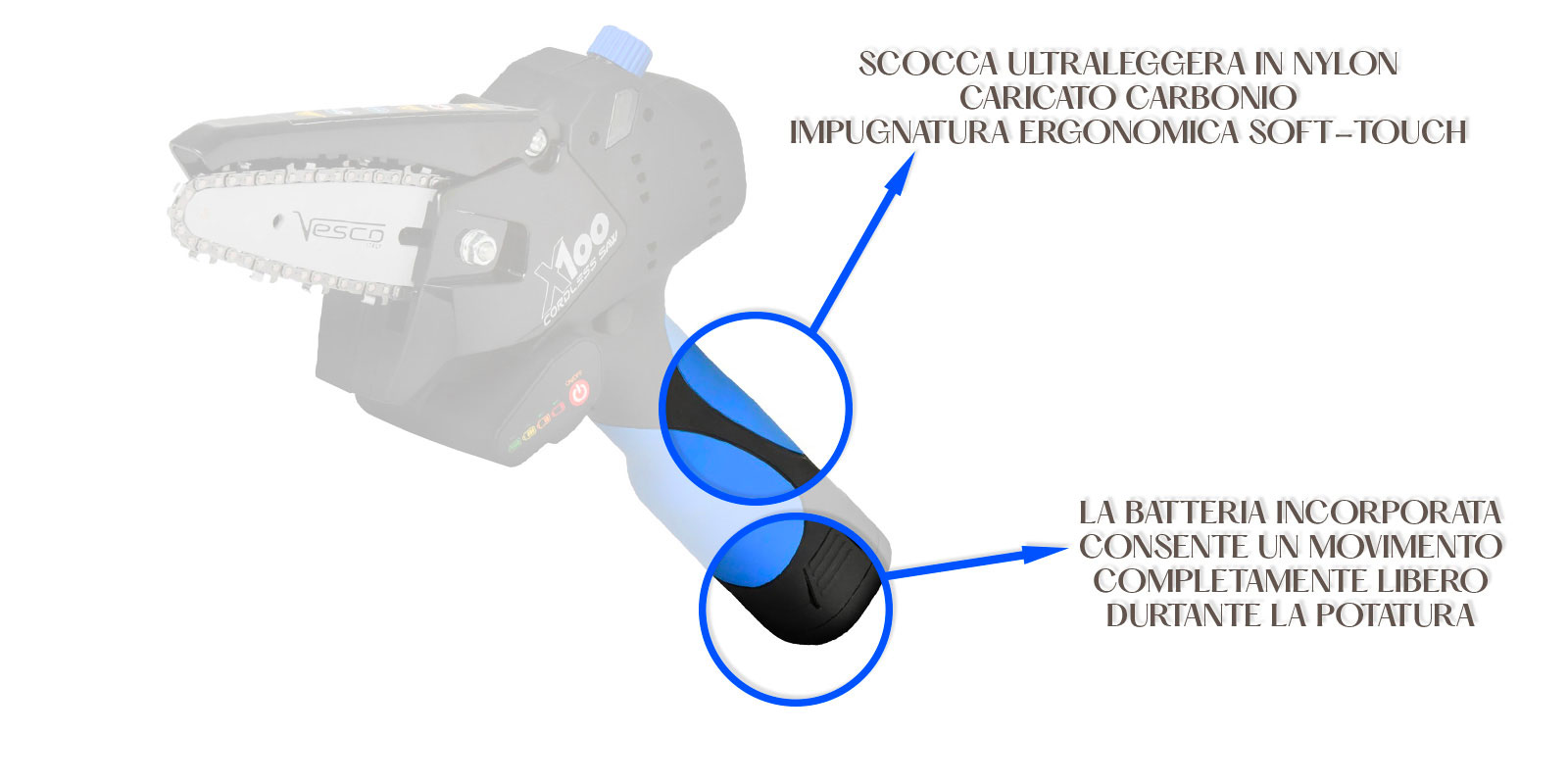 dettaglio potatore professionale a batteria x100 vesco