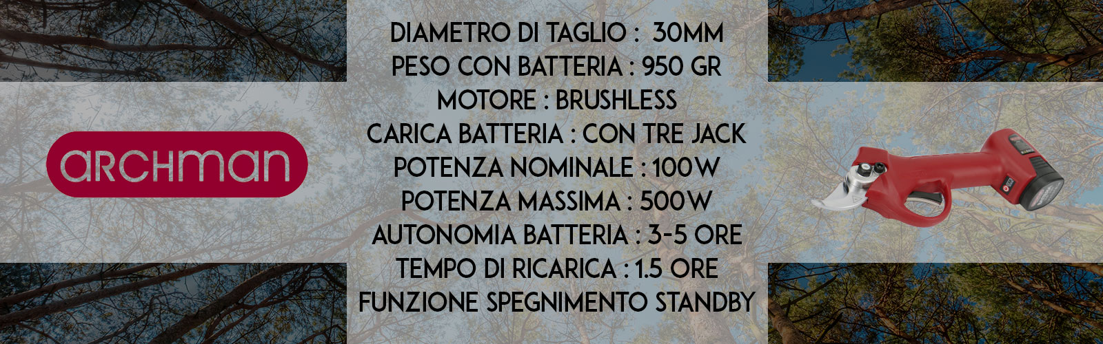 Forbice da potatura a batteria di Archman con in dotazione 3 batterie 2.6 AH e caricatore con Grasso multiuso spray e Guanti?OMAGGIO